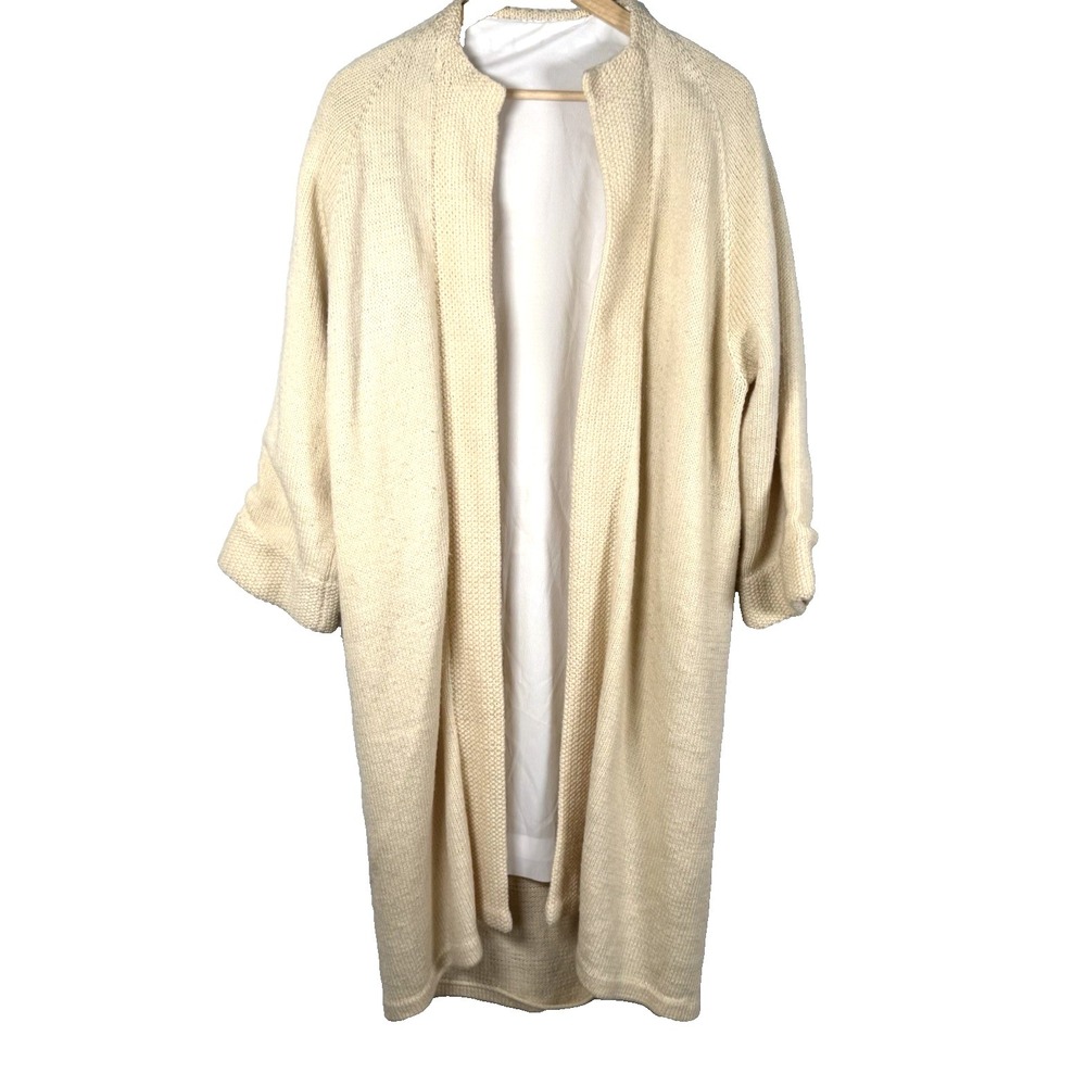 Vintage Heavy Knit Duster Cardigan Cream‎ White Lined Blanket Sweater Chunky OS